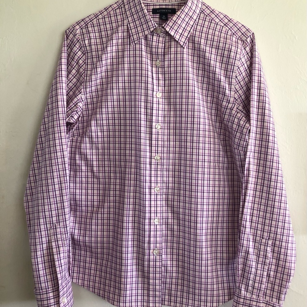 LANDS END Womens Buttoned Down Shirt Size 10 No Iron Pinpoint Oxford Cotton